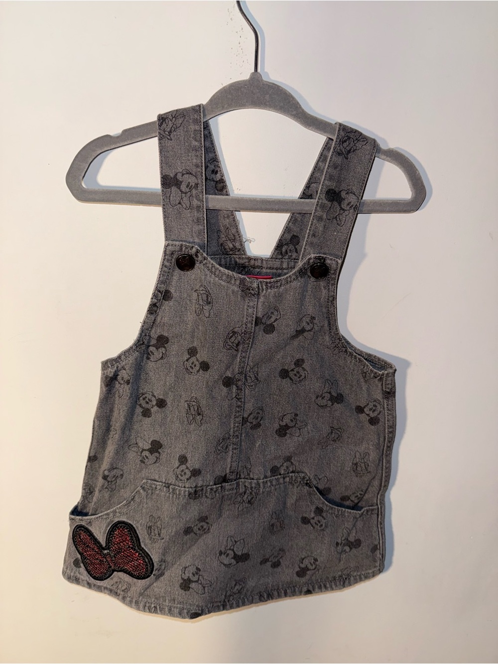 Gray Denim Mickey Mouse Print Overall Dress adjustable straps 24 months